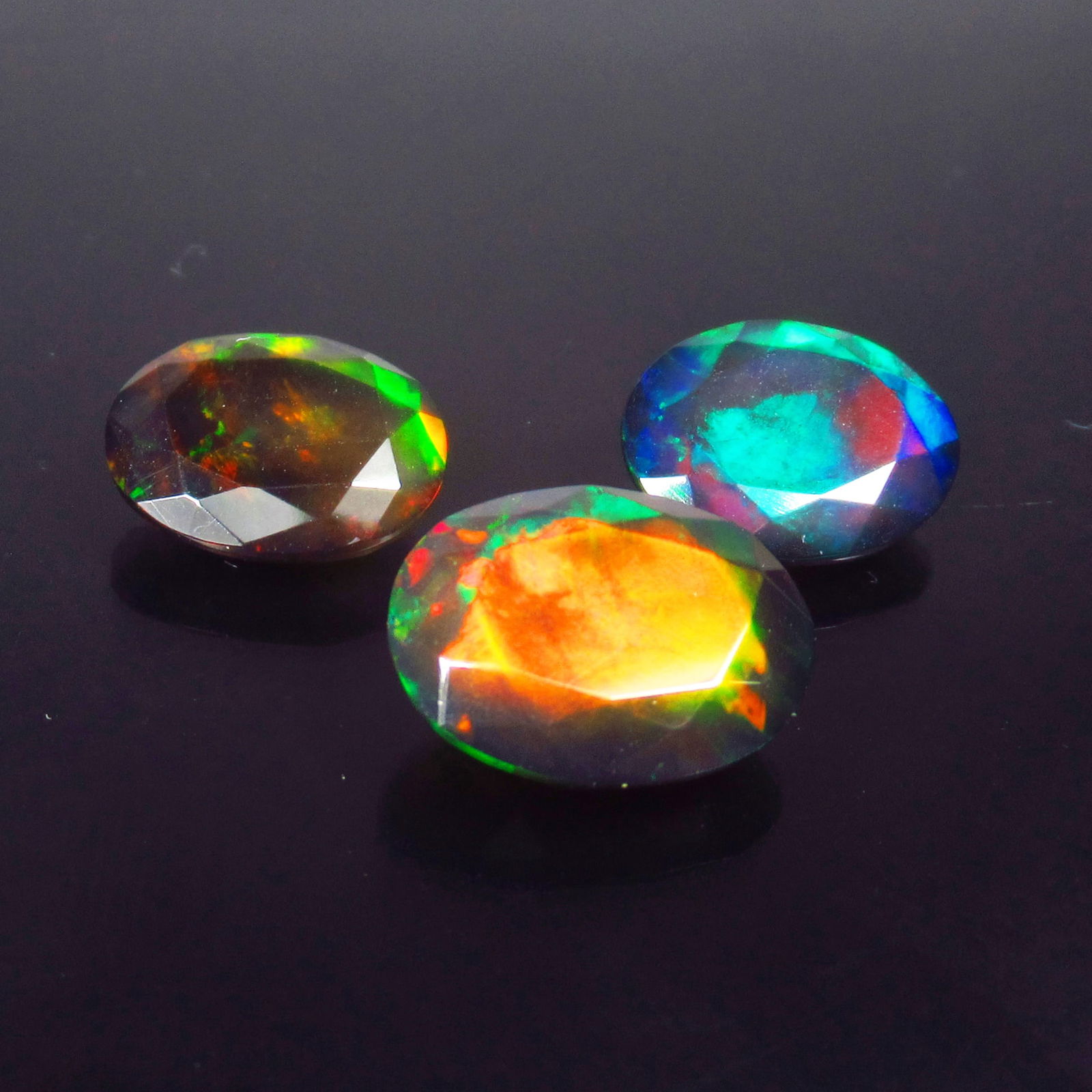 Natural 6.94 Cts #Black Opal Oval Faceted " Multi-Color Play " 3 Pc's (1 of 2)