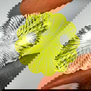 68.00 Ct Natural Lemon Quartz Rare Fancy Flower Carving Cut: Weight - 68.00 Ct / Size - 28.00 x 28.00 x 17.30 mm / Shape - Fancy Flower Carving Cut / Clarity - VVS / Origin - Brazil / Treatment - None