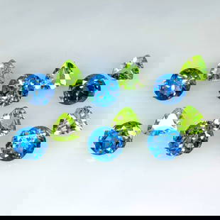 23.58 Ct Natural Blue Topaz & Peridot Round, Trillion Cut Set: Weight - 23.58 Ct / Dimensions - 7.1x3.3 - 8.2x6.8 mm / 12 Pc's / Shape - Round & Trillion Cut / Color - Blue & Green / Clarity - VVS / Origin - Pakistan / Treatment - None
