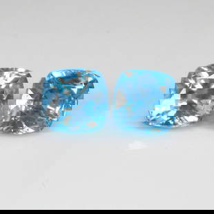 3.95 Ct Natural Blue Zircon Cushion Cut Pair: Weight - 3.95 Ct / Dimensions - 6.10 x 6.10 x 4.20 mm / 2 Pc's / Shape - Cushion Cut / Color - Blue / Clarity - VVS / Origin - Cambodia / Treatment - Gentle Heat