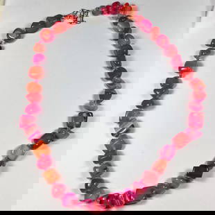 346.92 Ct Natural Agate Dumble Beads Necklace: Weight - 346.92 Ct / Dimensions - 10.20 - 12.30 mm / 41 Pc's / 18" inches / Shape - Dumble Drilled / Color - Pink / Transparency - Translucent / Origin - Ethiopia / Treatment - Color Heated