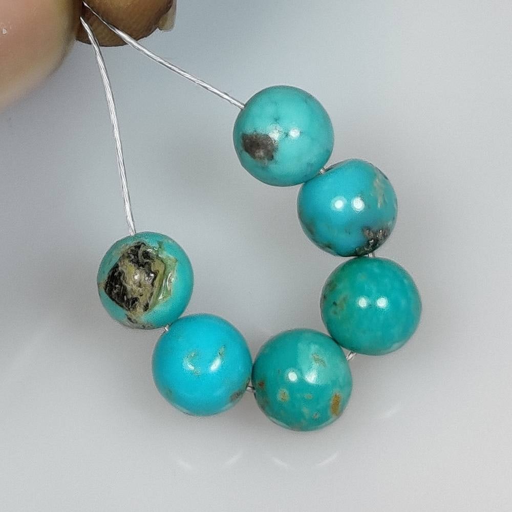 12.68 Ct Natural Blue Turquoise Round Ball Beads: Weight - 12.68 Ct / Dimensions - 6.70 - 7.00 mm / 6 Pc's / Good Color / Drilled Round ball Beads- Ready for Jewellery Setting / Origin - Arizona / Treatment - None