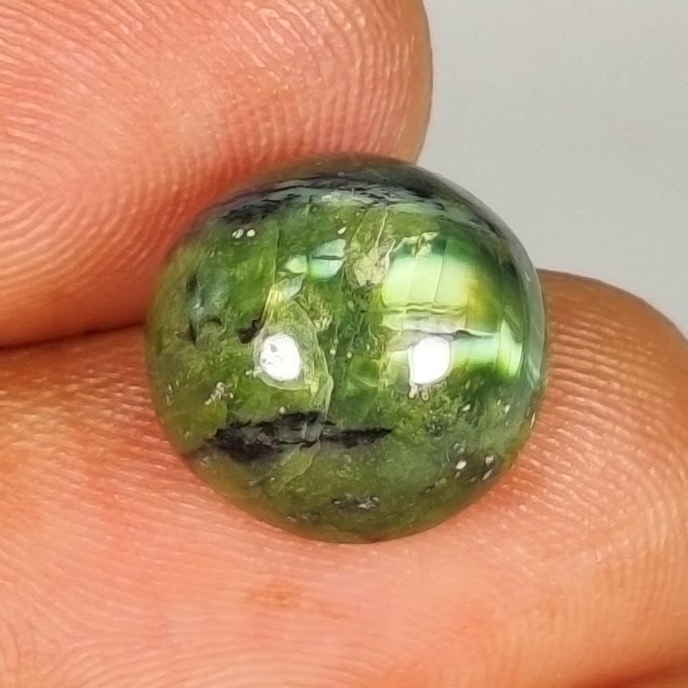 5.32 Ct Natural Green Jasper Quartz Round Cab: Weight - 5.32 Ct / Size - 11.60 x 11.10 x 7.10 mm / Shape - Round Cab / Clarity - Opaque / Origin - Brazil / Treatment - None