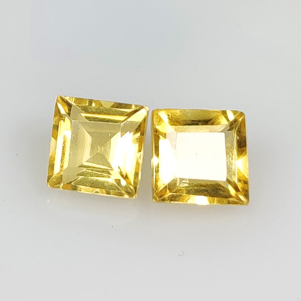 3.63 Ct Natural Yellow Citrine Square Cut Pair: Weight - 3.63 Ct / Dimensions - 7.10 x 7.10 x 4.70 mm / 2 Pc's / Shape - Square Cut / Color - Yellow / Clarity - VVS / Origin - Brazil / Treatment - Heated