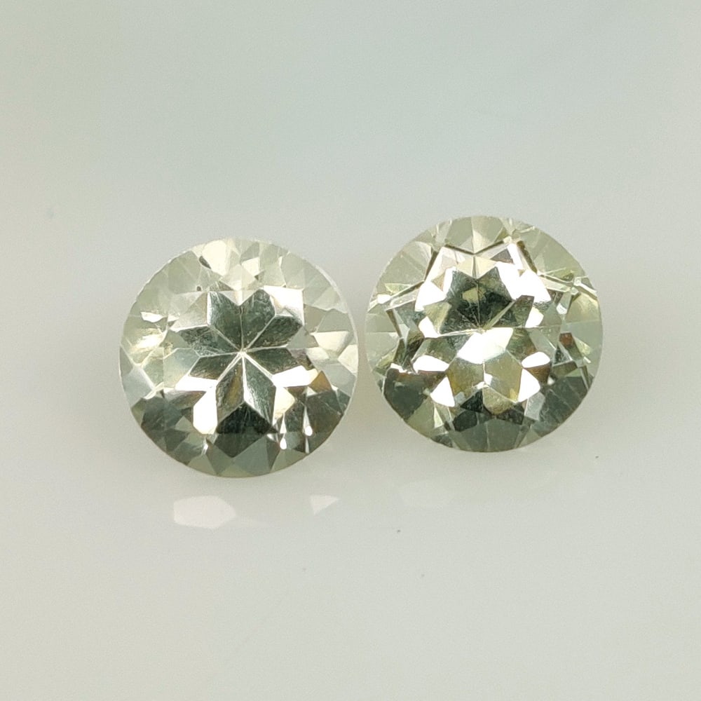 2.83 Ct Natural Green Amethyst Round Cut Pair: Weight - 2.83 Ct / Size - 7.10 x 8.10 x 5.20 mm / 2 Pc's / Shape - Round Cut / Color - Green / Clarity - VVS / Origin - Brazil / Treatment - Heated
