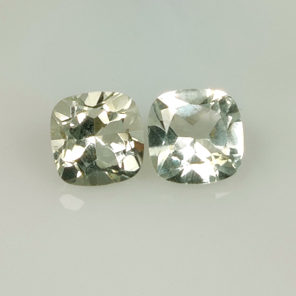 2.74 Ct Natural Green Amethyst Cushion Cut Pair: Weight - 2.74 Ct / Size - 6.90 x 6.90 x 5.20 mm / 2 Pc's / Shape - Cushion Cut / Color - Green / Clarity - VVS / Origin - Brazil / Treatment - Heated