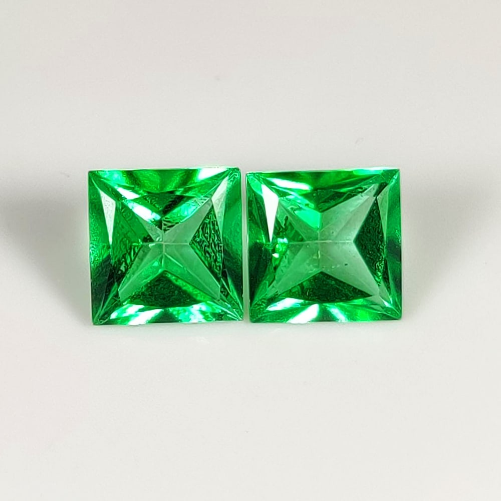 4.15 Ct Natural Green Topaz Square Cut Pair: Weight - 4.15 Ct / Size - 7.00 x 7.00 x 4.50 mm / 2 Pc's / Shape - Square Cut / Color - Green / Clarity - VVS / Origin - Brazil / Treatment - Color Coated