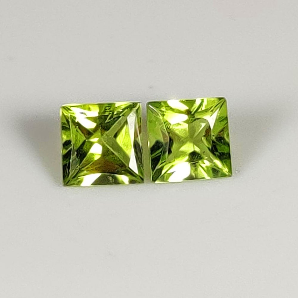 1.41 Ct Natural Green Peridot Square Cut Pair: Weight - 1.41 Ct / Dimensions - 5.00 x 5.00 x 3.10 mm / 2 Pc's / Shape - Square Cut / Color - Green / Clarity - VVS / Origin - Pakistan / Treatment - None