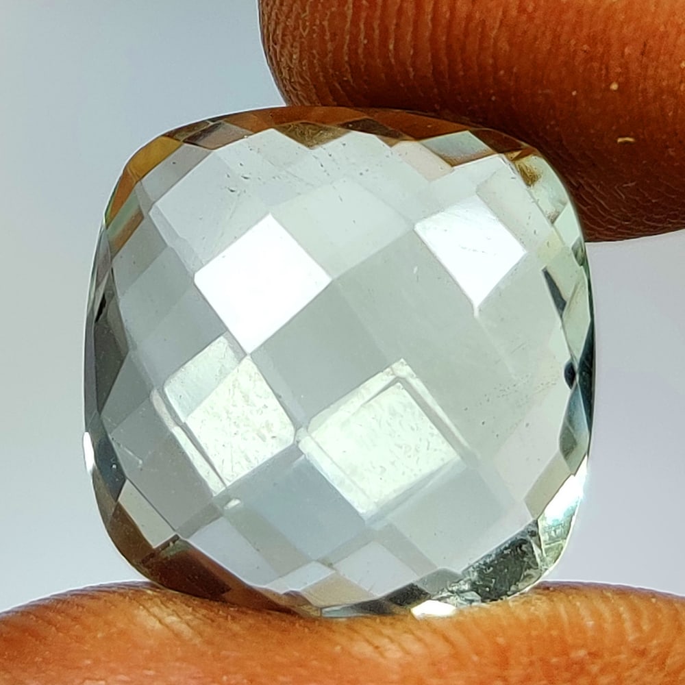 7.70 Ct Natural Green Amethyst Cushion Checkerboard Cut: Weight - 7.70 Ct / Size - 713.00 x 13.00 x 6.20 mm / Shape - Cushion Cut / Color - Green / Clarity - VVS / Origin - Brazil / Treatment - Heated