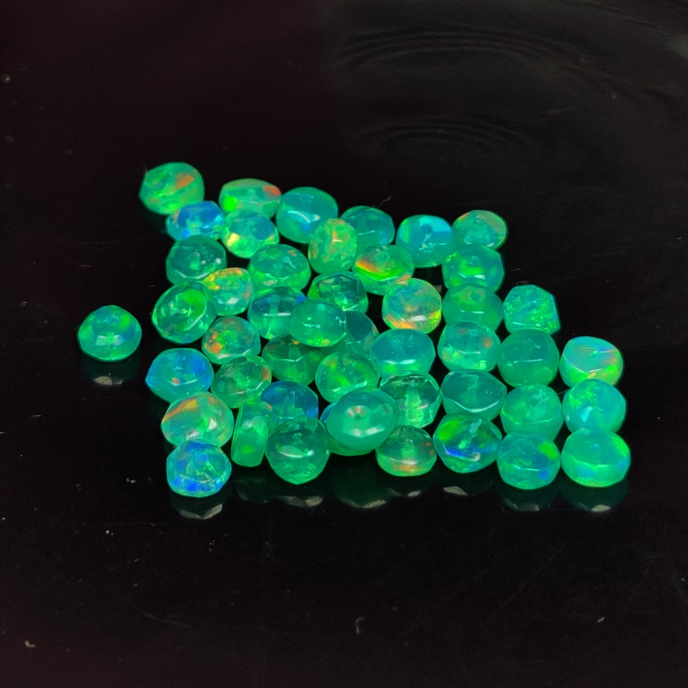 7.68 Ct Natural Green Fire Opal Round Beads: Weight - 7.68 Ct / Size - 3.90 - 4.10 mm / 47 Pc's / Shape - Round Beads / Color - Green / Clarity - Translucent / Origin - Ethiopia / Treatment - Color Heated