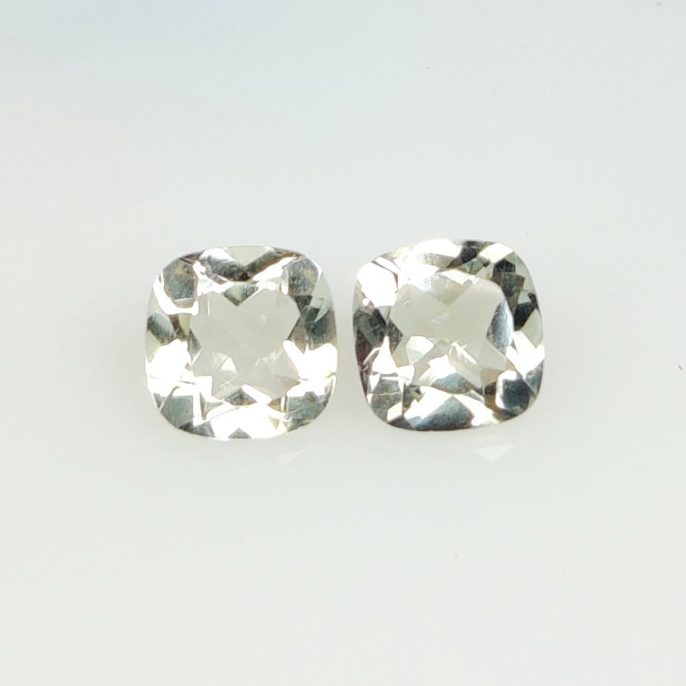 2.60 Ct Natural Green Amethyst Cushion Cut Pair: Weight - 2.60 Ct / Dimensions - 7.20 x 7.20 x 4.30 mm / 2 Pc's / Shape - Cushion Cut / Color - Green / Clarity - VVS / Origin -Brazil / Treatment - Heated