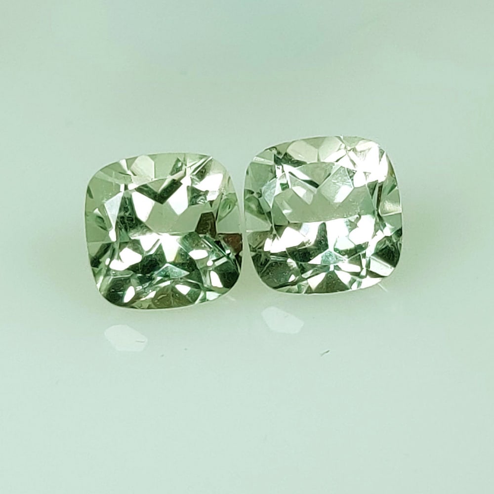 2.93 Ct Natural Green Amethyst Cushion Pair: Weight - 2.93 Ct / Dimensions - 7.10 x 7.10 x 5.00 mm / 2 Pc's / Shape - Cushion Cut / Color - Green / Clarity - VVS / Origin - Brazil / Treatment - Heated