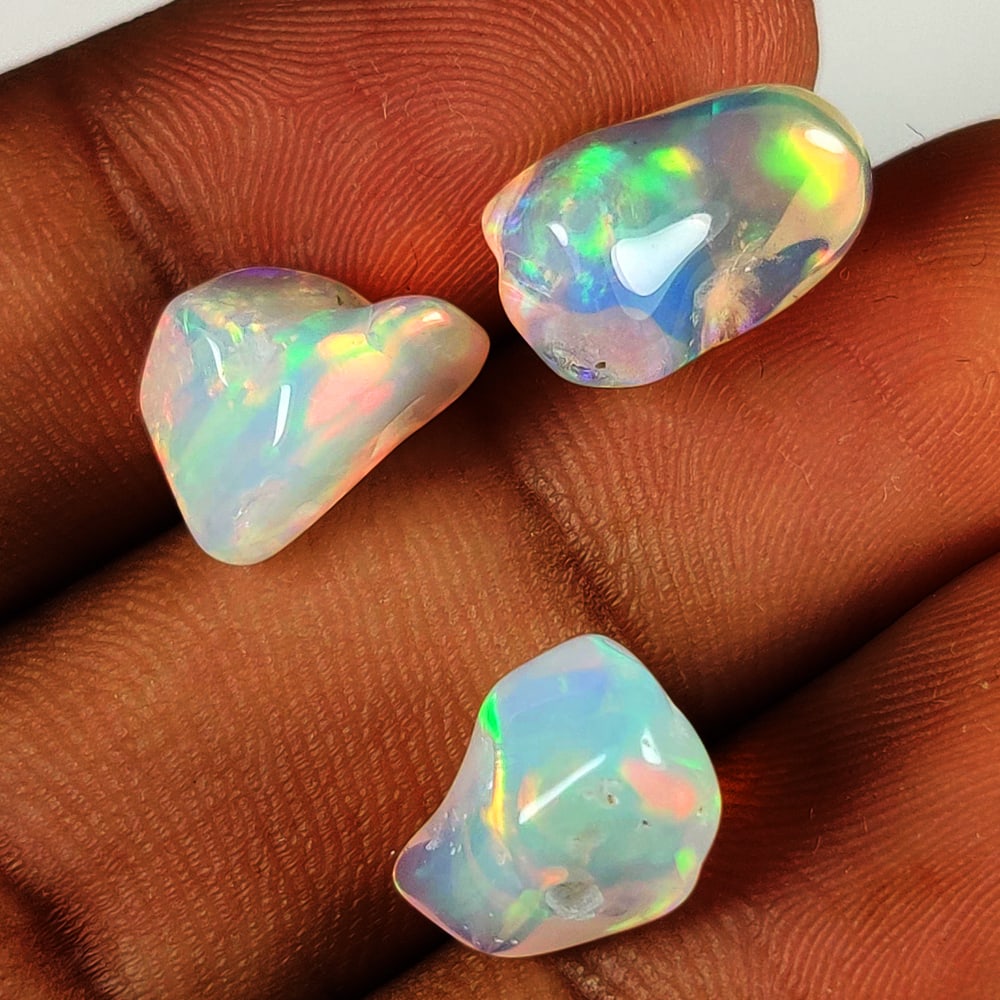 9.91 Ct Natural Multicolor Top Fire Opal Solid Rough Cab Set: Weight - 9.91 Ct / Size -12.0x7.5 - 13.0 9.5 mm / 3 Pc's / Shape - Unshaped Solid Cab / Color - Multicolor / Clarity - Translucent / Origin - Ethiopia / Treatment - None
