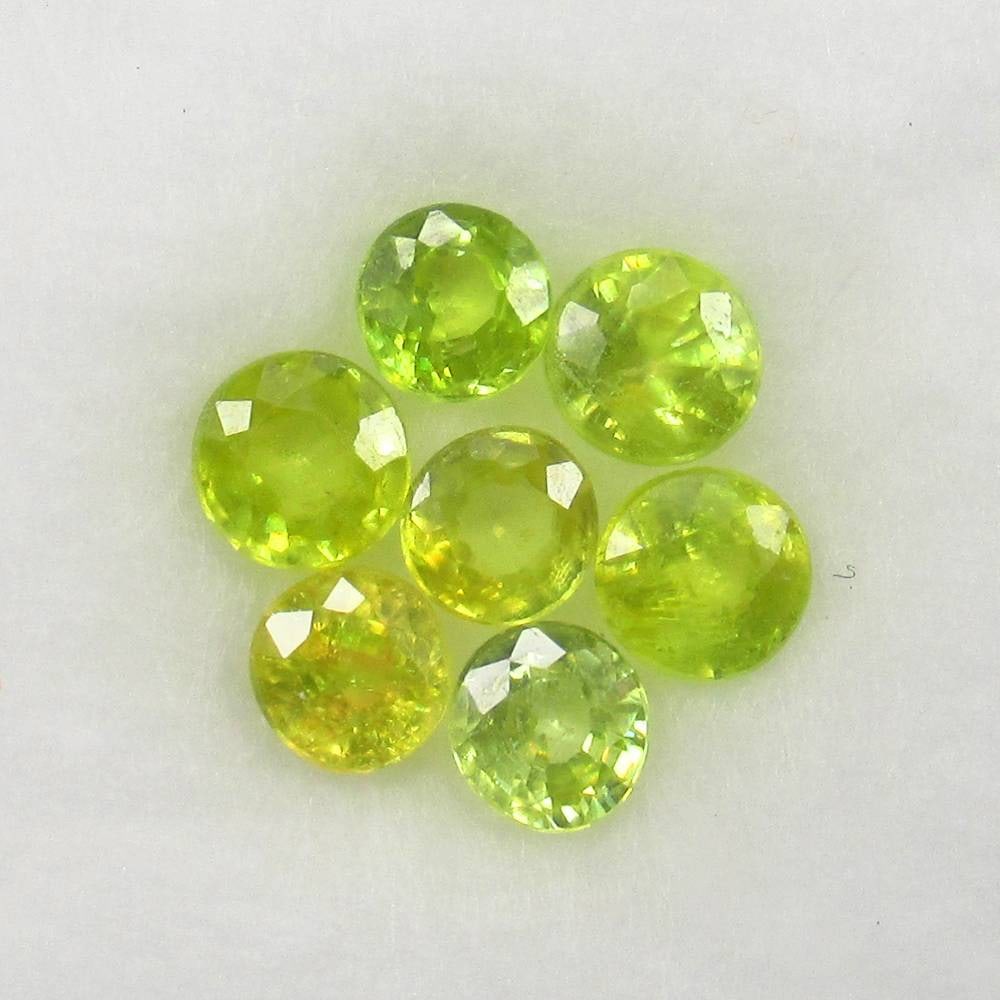 2.30 Ct Natural Sphene Round Cut Set: Weight - 2.30 Ct / Size - 4.00 - 4.50 mm / 7 Pc's / Shape - Round Cut / Color - Greenish yellow / Clarity - SI / Origin - Myanmar / Treatment - None