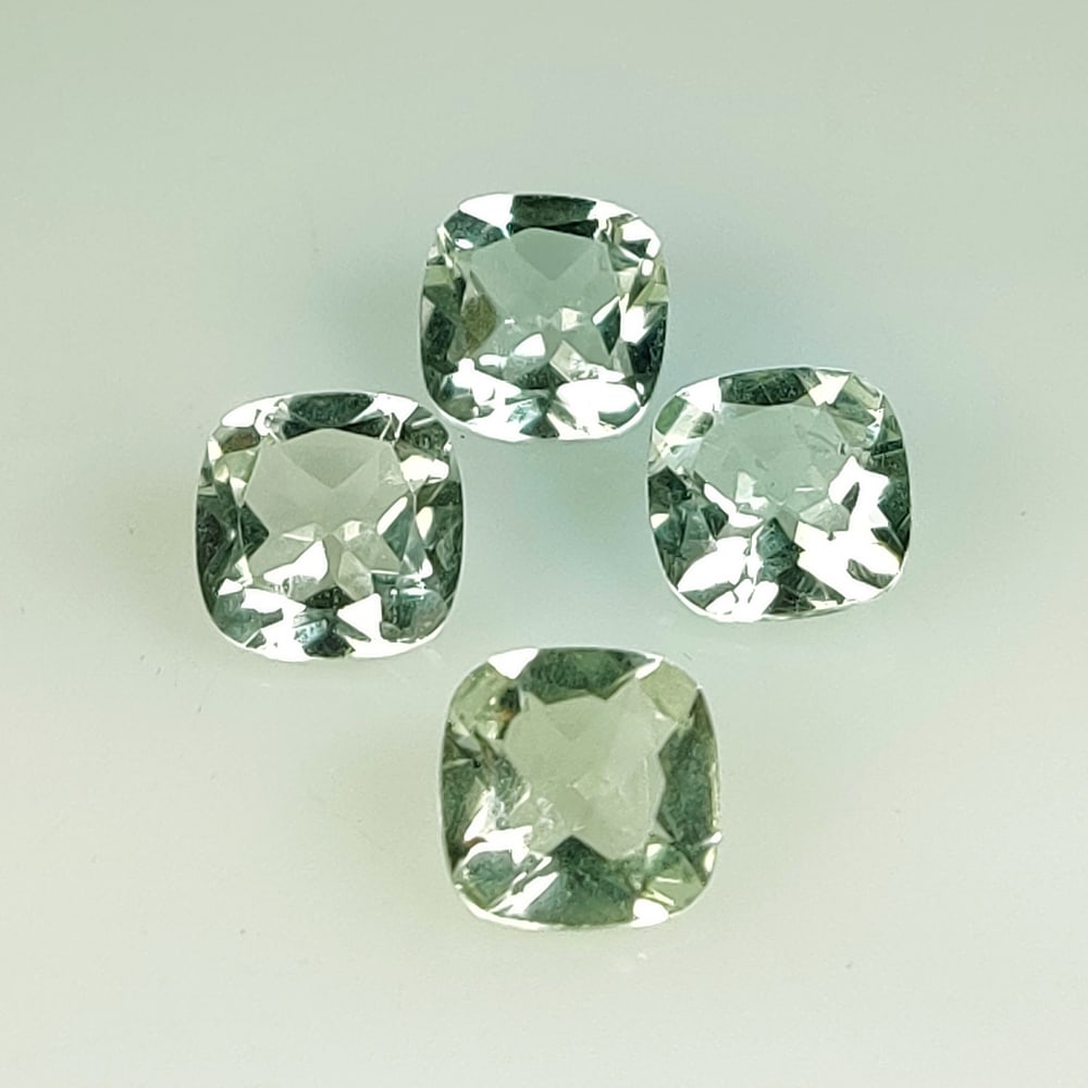 5.06 Ct Natural Green Amethyst Cushion Set: Weight - 5.06 Ct / Dimensions - 7.00 x 3.80 - 7.10 x 4.40 mm /4 Pc's / Shape - Cushion Cut / Color - Green / Clarity - VVS / Origin -Brazil / Treatment - Heated