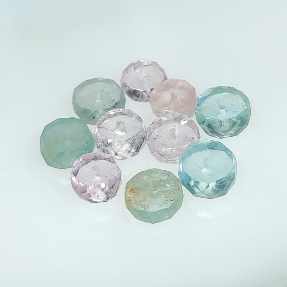 7.20 Ct Natural Aquamarine & Morganite Round Cut Beads: Weight - 7.20 Ct / Dimensions - 5.20 - 5.90 mm / 10 Pc's / Shape - Round Cut Beads / Color - Baby Blue & Light Pink / Clarity - Opaque / Origin - Brazil / Treatment - None