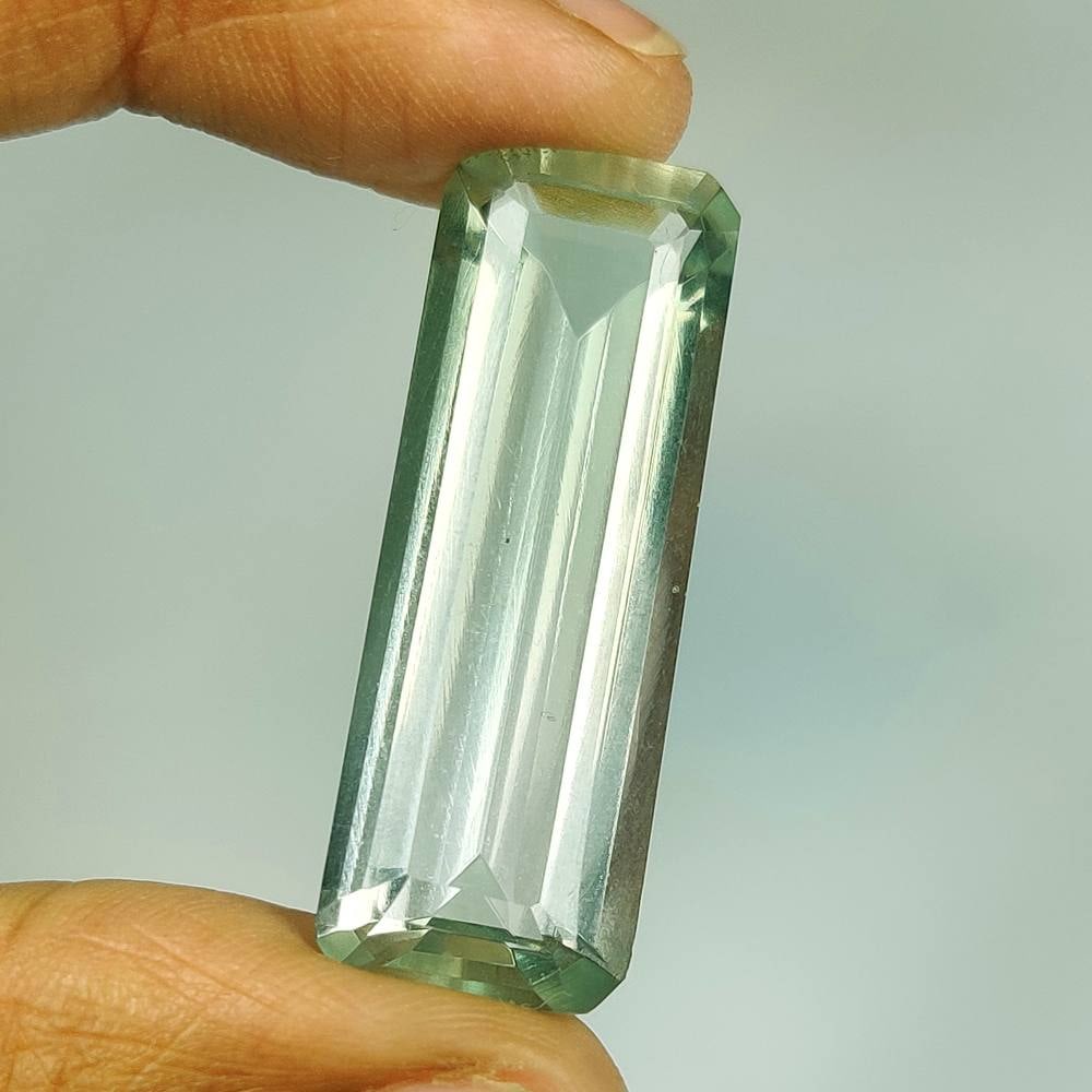 CERTIFIED 20.35 Ct Natural Green Amethyst Emerald Cut: Weight - 20.35 Ct / Dimensions - 33.00 x 11.30 x 7.60 mm / Shape & Cut - Emerald Cut / Color - Green / Clarity - VVS / Origin - Brazil / Comments - Heated