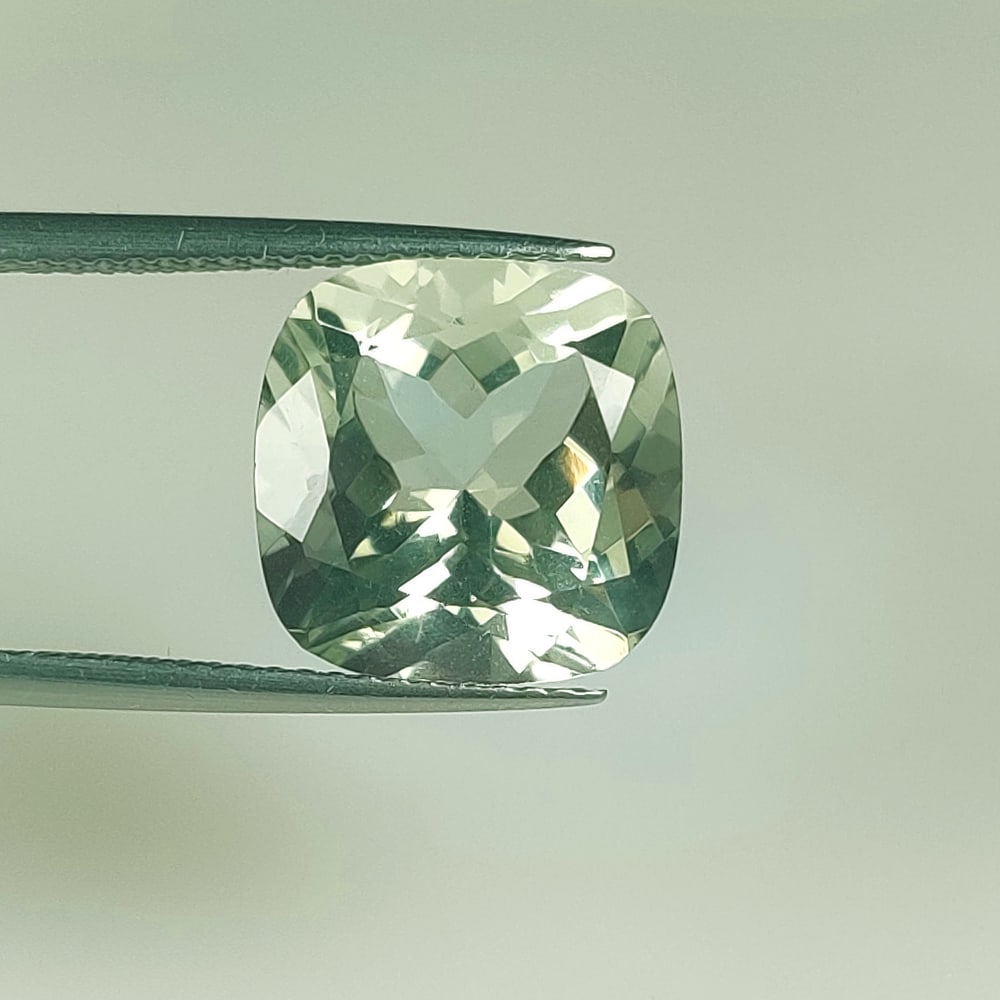 6.87 Ct Natural Green Amethyst Cushion Cut: Weight - 6.87 Ct / Size -12.10 x 12.10 x 8.30 mm / Shape - Cushion Cut / Color - Green / Clarity - VVS / Origin - Brazil / Treatment - Heated