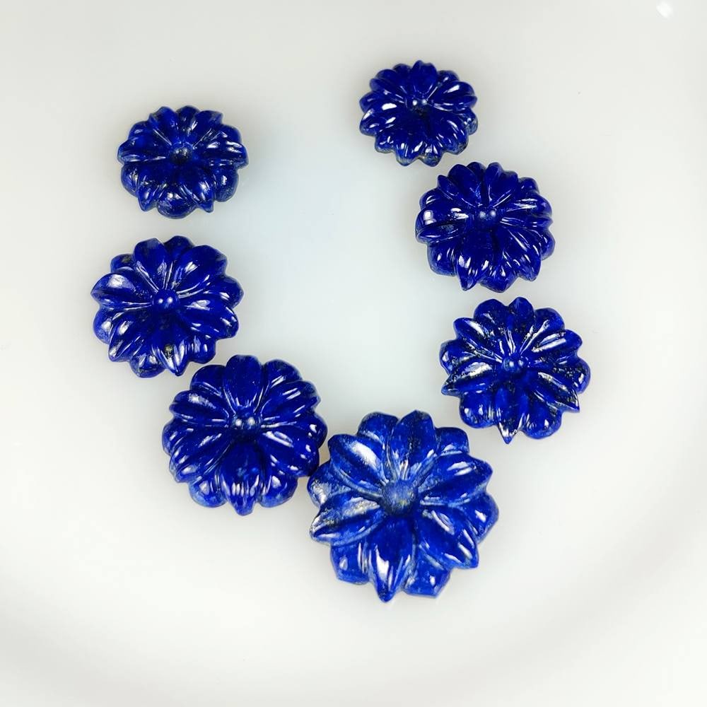 74.38 Ct Natural Blue Lapis Lazuli Flower Carving Cab Set: Weight - 74.38 Ct / Size - 5.5x4.2 - 10.5x5.2 mm / 7 Pc's / Shape - Flower Carving Cab / Clarity - Opaque / Origin - Afghanisthan / Treatment - None