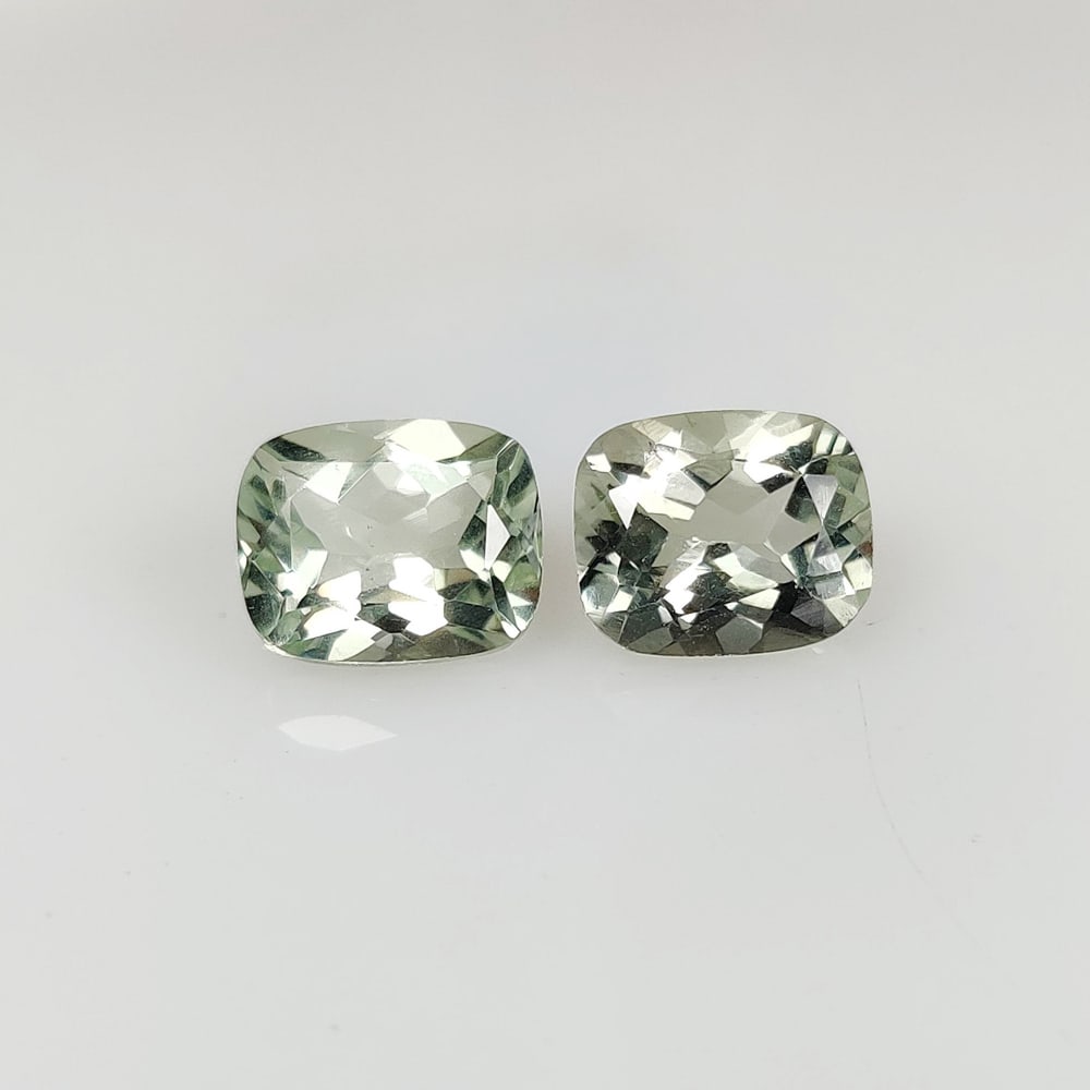 8.48 Ct Natural Green Amethyst Cushion Cut Pair: Weight - 8.48 Ct / Size - 11.00 x 9.10 x 6.50 mm / 2 Pc's / Shape - Cushion Cut / Color - Green / Clarity - VVS / Origin - Brazil / Treatment - Heated