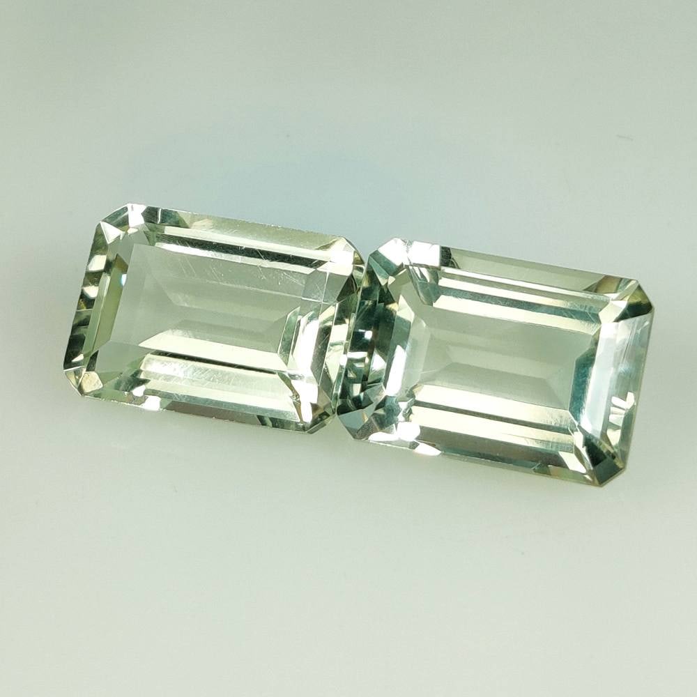 14.63 Ct Natural Green Amethyst Octagon Cut Pair: Weight - 14.63 Ct / Size - 14.20 x 10.20 x 6.70 mm / 2 Pc's / Shape - Octagon Cut / Color - Green / Clarity - VVS / Origin - Brazil / Treatment - Heated
