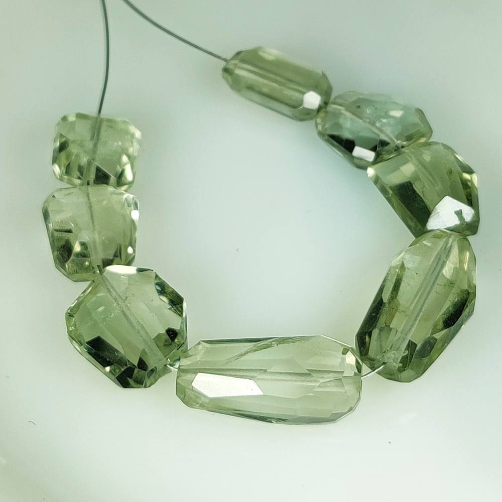 55.57 Ct Natural Green Amethyst 4" Fancy Faceted Drilled Beads: Weight - 55.57 Ct / Dimensions - 11.50 x 11.00 - 18.00 x 10.10 mm / Shape - Fancy Beads / Color - Green / Origin - Brazil / Treatment - Heated