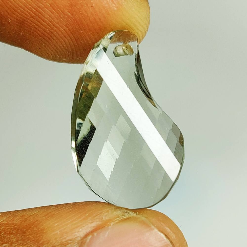 11.37 Ct Natural Green Amethyst Drilled Fancy Cut: Weight - 11.37 Ct / Size - 23.00 x 13.50 x 6.30 mm / Shape - Drilled Fancy Cut / Color - Green / Clarity - VVS / Origin - Brazil / Treatment - Heated