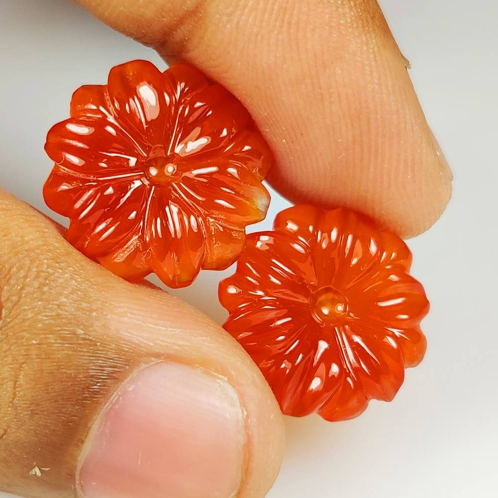 15.27 Ct Natural Orange Carnelian Flower Carving Pair (1 of 2)