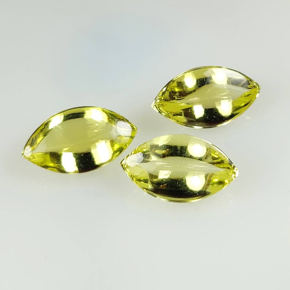 15.66 Ct Natural Lemon Quartz Marquise Cab Set: Weight - 15.66 Ct / Dimensions - 16.7x9.5 - 16.9x9.3 mm / 3 Pc's / Shape & Cut - Marquise Cab / Color - Greenish Yellow / Transparency - Transparent / Comments - Unheated