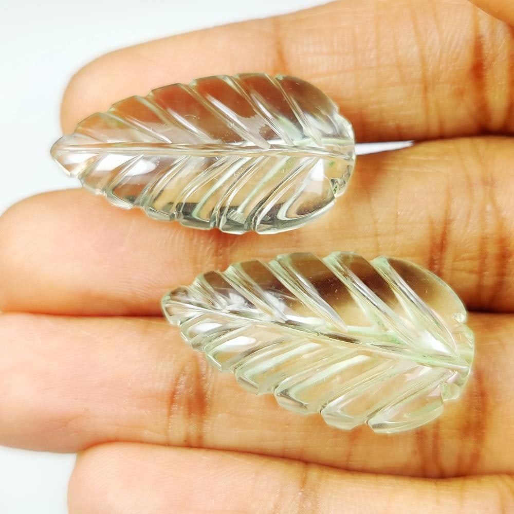 33.12 Ct Natural Green Amethyst Leaf Carving Pair (1 of 2)