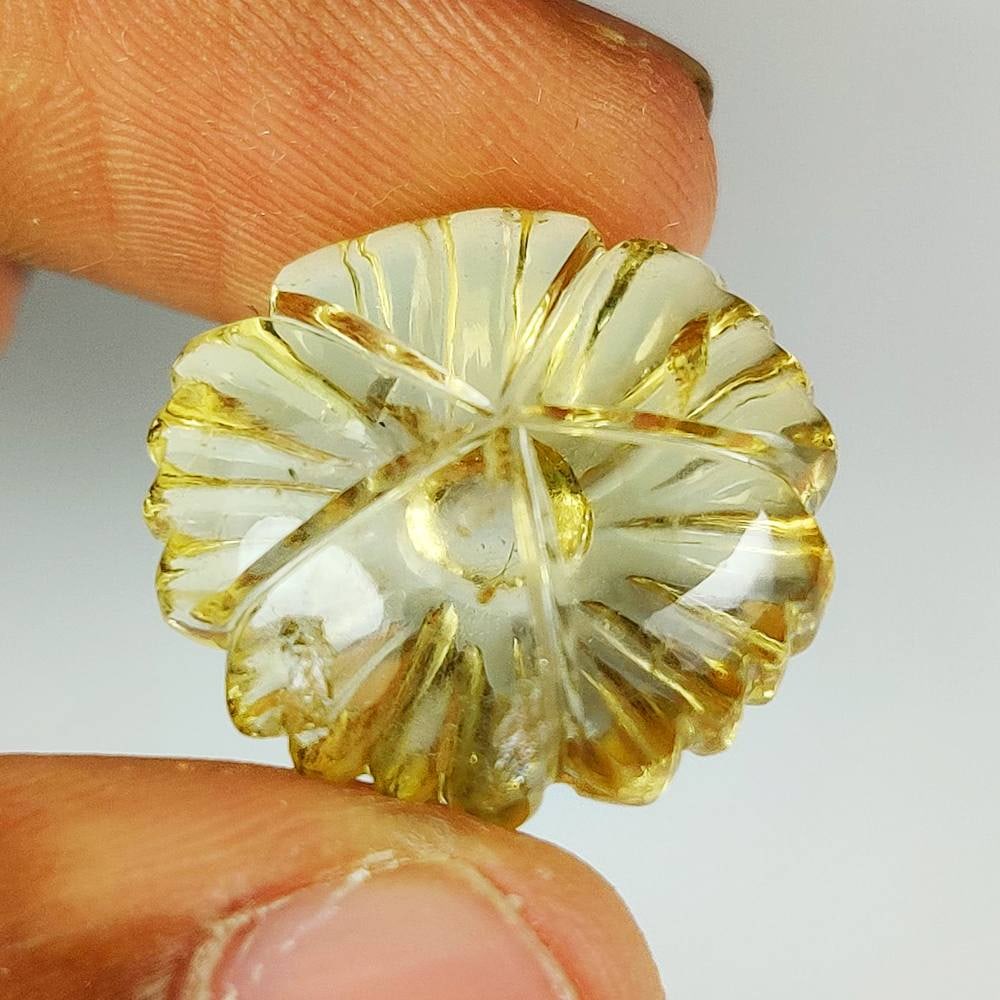 23.67 Ct Natural Yellow Citrine Fancy Flower Carving: Weight - 23.67 Ct / Dimensions -20.60 x 20.60 x 8.60 mm / Top Quality Luster / Excellent Fancy Flower Carving / Origin - Brazil / Comments - Heated