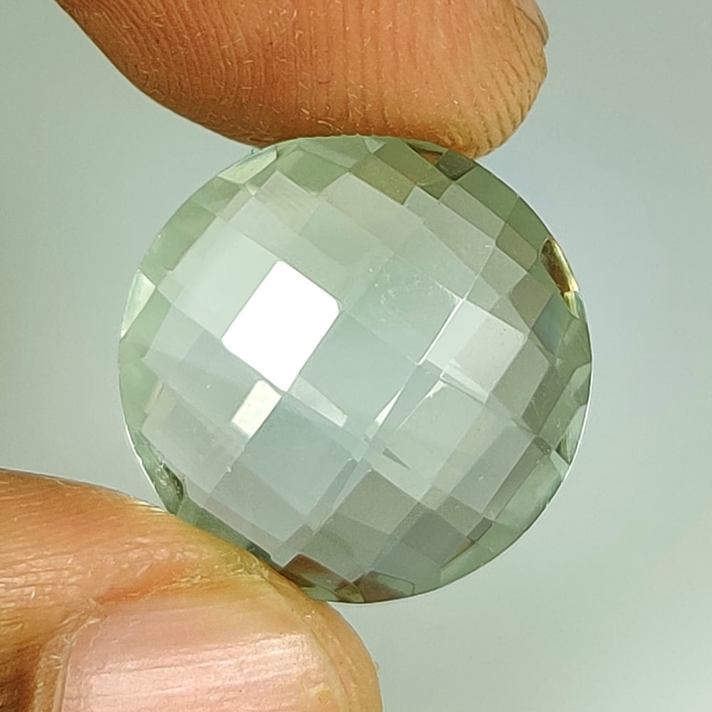 10.39 Ct Natural Green Amethyst Round Checkerboard Cut: Weight - 10.39 Ct / Size - 16.20 x 16.20 x 7.10 mm / Shape - Round Cut / Color - Green / Clarity - VVS / Origin - Brazil / Treatment - Heated