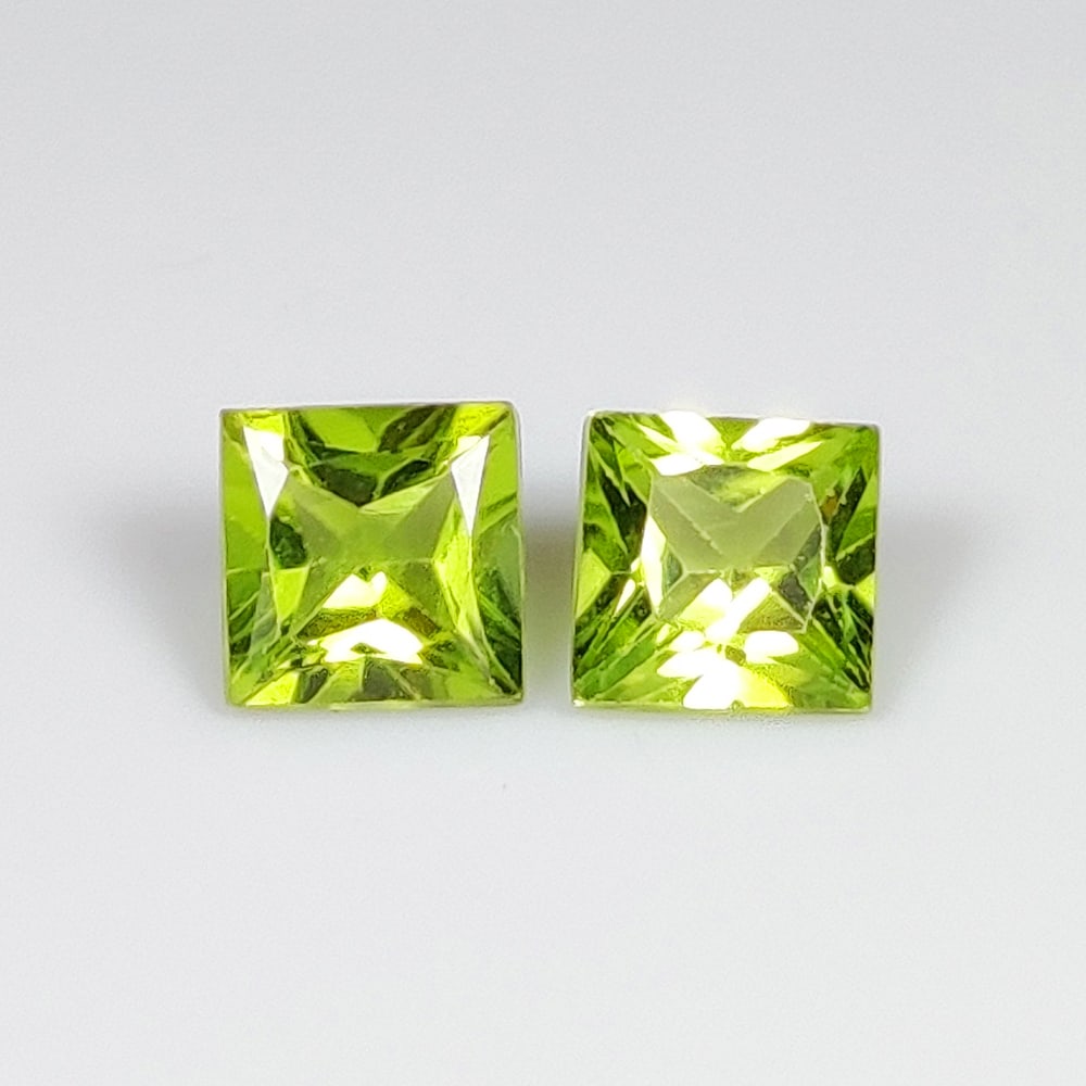 1.42 Ct Natural Green Peridot Square Cut Pair: Weight - 1.42 Ct / Dimensions - 5.00 x 5.00 x 3.10 mm / 2 Pc's / Shape - Square Cut / Color - Green / Clarity - VVS / Origin - Pakistan / Treatment - None