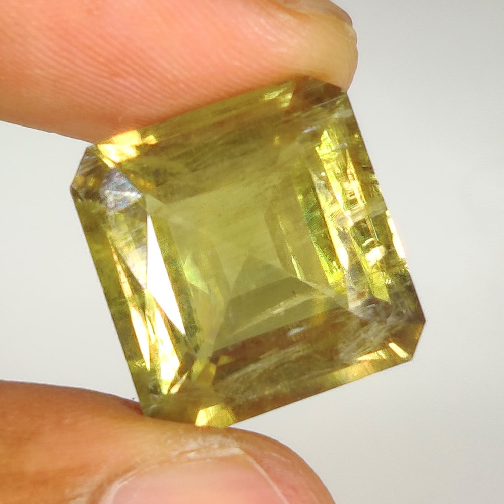 19.58 Ct Natural Color Change Diaspore Square Octagon Cut: Weight - 19.58 Ct / Size - 16.60 x 16.00 x 8.80 mm / Shape - Square Octagon Cut / Color - Yellow / Clarity - SI / Origin - Turkey / Treatment - None