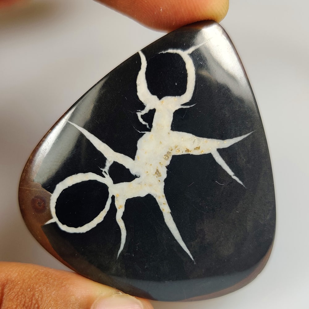 107.80 Ct Natural Black Spiderweb Septarian Pear Cab: weight - 107.80 Ct / Dimensions - 51.00 x 47.00 x 5.00 mm / Shape - Excellent Pear Cab / Origin - Brazil / Treatment - None