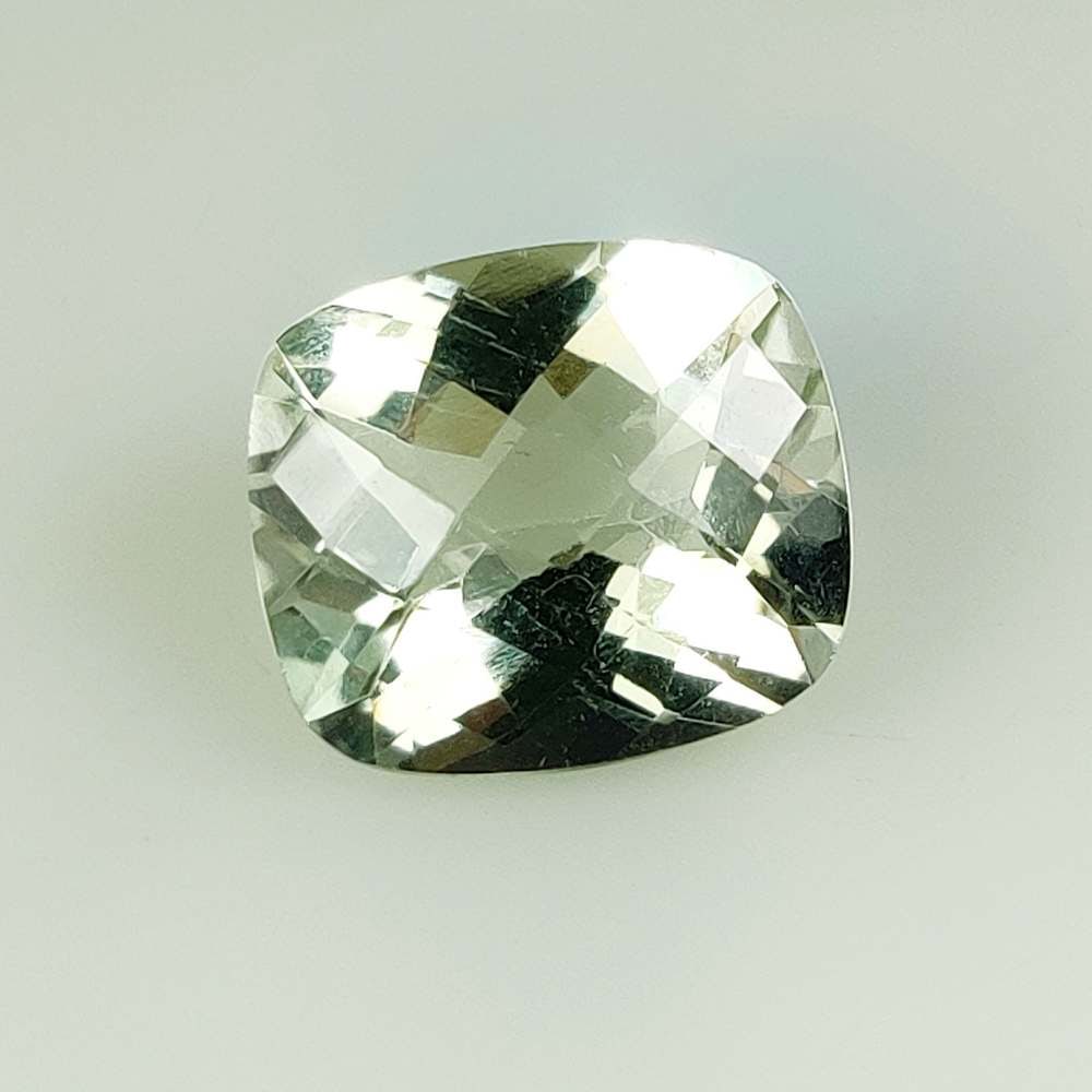12.39 Ct Natural Green Amethyst Cushion Cut: Weight - 12.39 Ct / Size - 16.70 x 14.70 x 9.00 mm / Shape - Cushion Cut / Color - Green / Clarity - VVS / Origin - Brazil / Treatment - Heated