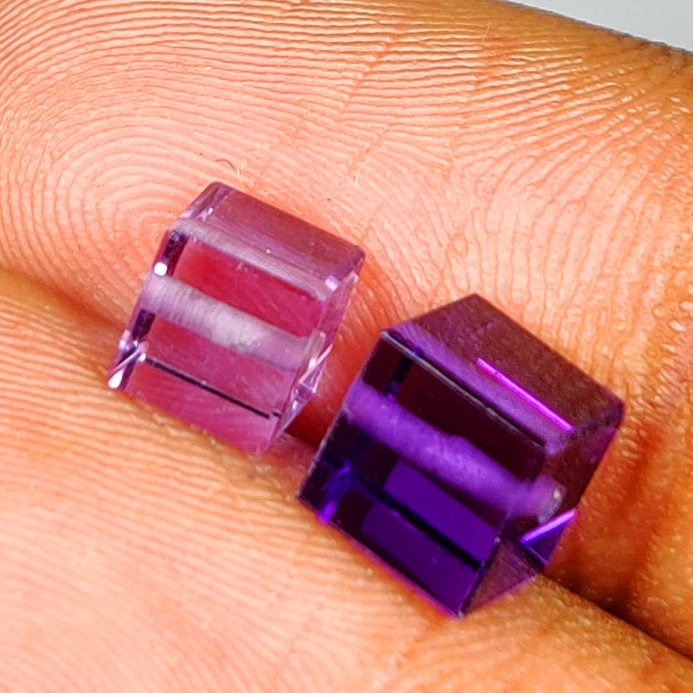 3.90 Ct Natural Purple Amethyst Square Cube Cut Pair: Weight - 3.90 Ct / Dimensions - 5.00 - 5.80 mm / 2 Pc's / Shape - Square Cube cut / Color - Purple / Clarity - Transparent / Origin - Brazil / Treatment - Heated