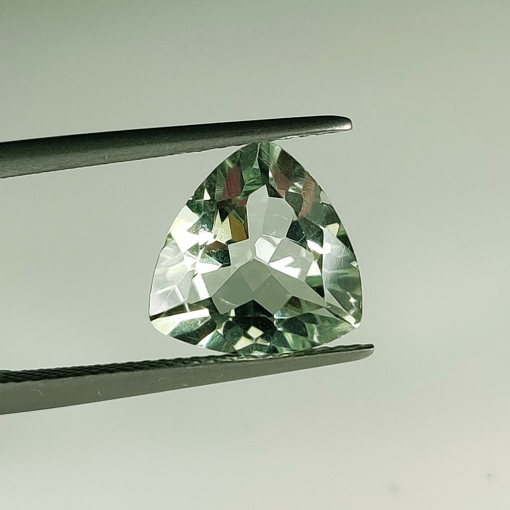 3.61 Ct Natural Green Amethyst Trillion Cut: Weight - 3.61 Ct / Dimensions - 11.20 x 11.20 x 5.90 mm / Shape - Trillion Cut / Color - Green / Clarity - VVS / Origin -Brazil / Treatment - Heated