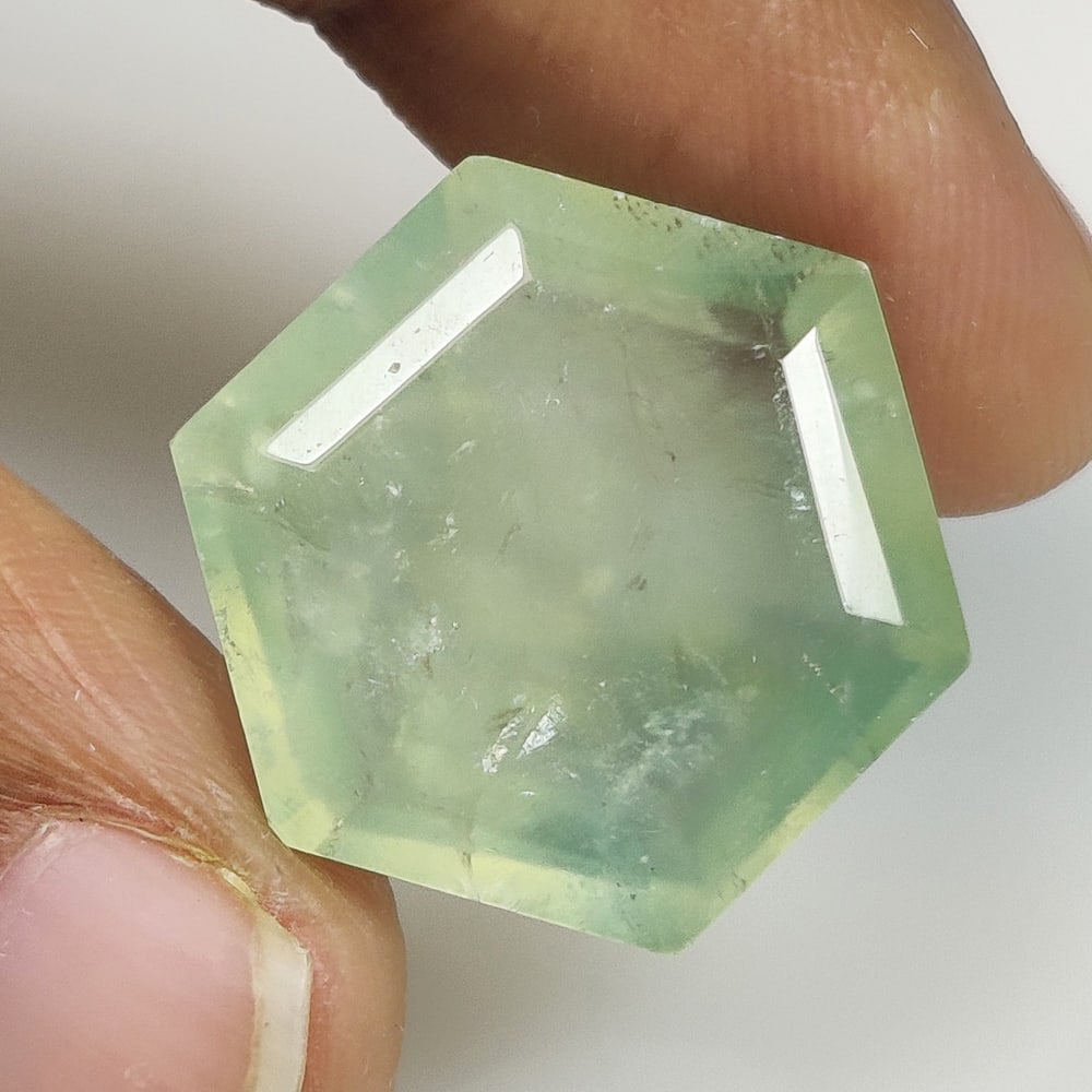 13.11 Ct Natural Rutile Prehnite Hexagon Cut: Weight - 13.11 Ct / Size - 18.10 x 15.80 x 7.20 mm / Shape - Hexagon Cut / Clarity - Semi Transparent / Origin - Brazil / Treatment - None