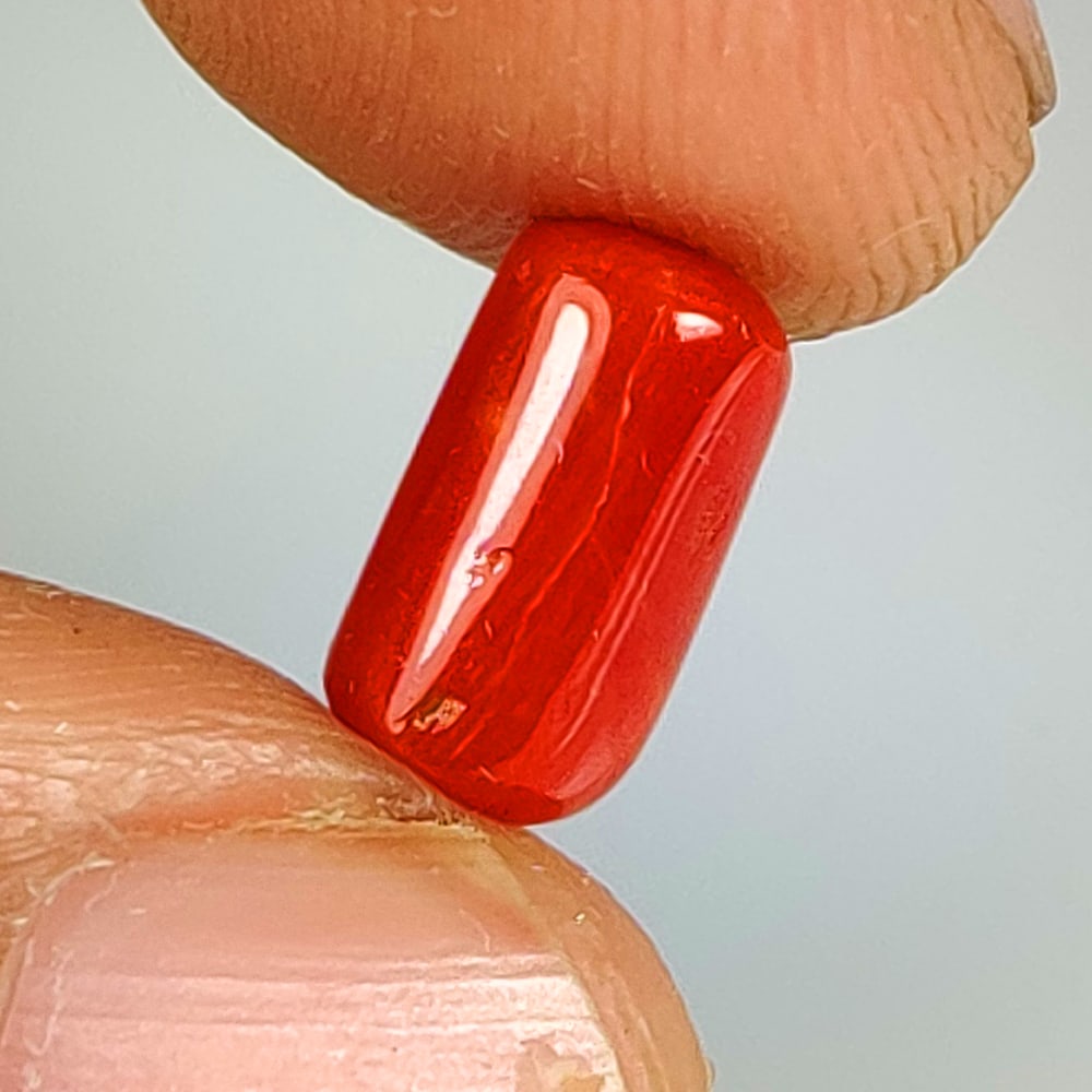 2.31 Ct Natural Red Coral Capsule Cab: Weight - 2.31 Ct / Dimensions - 9.80 x 5.50 x 4.70 mm / Shape - Capsule Cabochon / Color - Red / Clarity - Opaque / Origin - Italy / Treatment - None