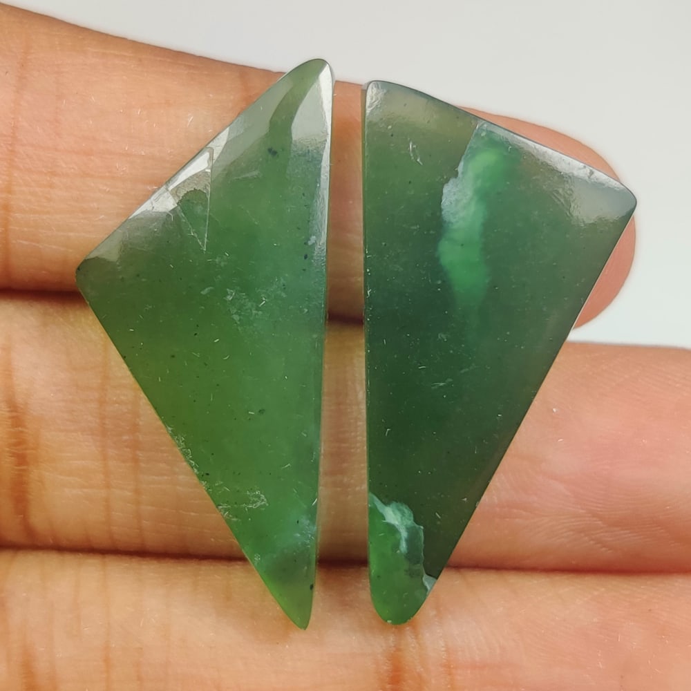 18.11 Ct Natural Green Serpentine Fancy Cab Pair: Weight - 18.11 Ct / Dimensions - 28.00 x 12.60 x 8.80 mm / 2 Pc's / Shape - Fancy Cab / Clarity - Translucent / Origin - Brazil / Treatment - None