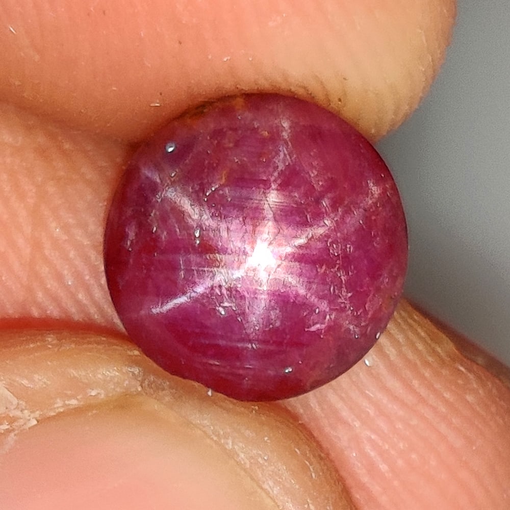 3.66 Ct Natural Six Line Star Ruby Round Cab: Weight - 3.66 Ct / Size - 8.20 x 8.20 x 4.60 mm / Shape - Round Cabochon / Clarity - Opaque / Origin - India / Treatment - None