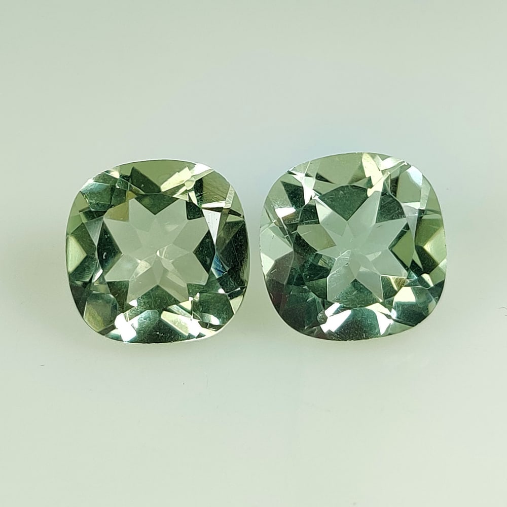 10.55 Ct Natural Green Amethyst Cushion Cut Pair: Weight - 10.55 Ct / Size - 11.10 x 11.10 x 7.40 mm / 2 Pc's / Shape - Cushion Cut / Color - Green / Clarity - VVS / Origin - Brazil / Treatment - Heated