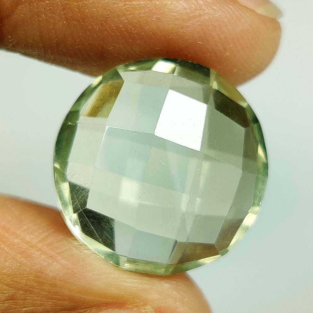 11.93 Ct Natural Green Amethyst Round Cut: Weight - 11.93 Ct / Size - 15.10 x 15.10 x 8.40 mm / Shape - Round Cut / Color - Green / Clarity - VVS / Origin - Brazil / Treatment - Heated