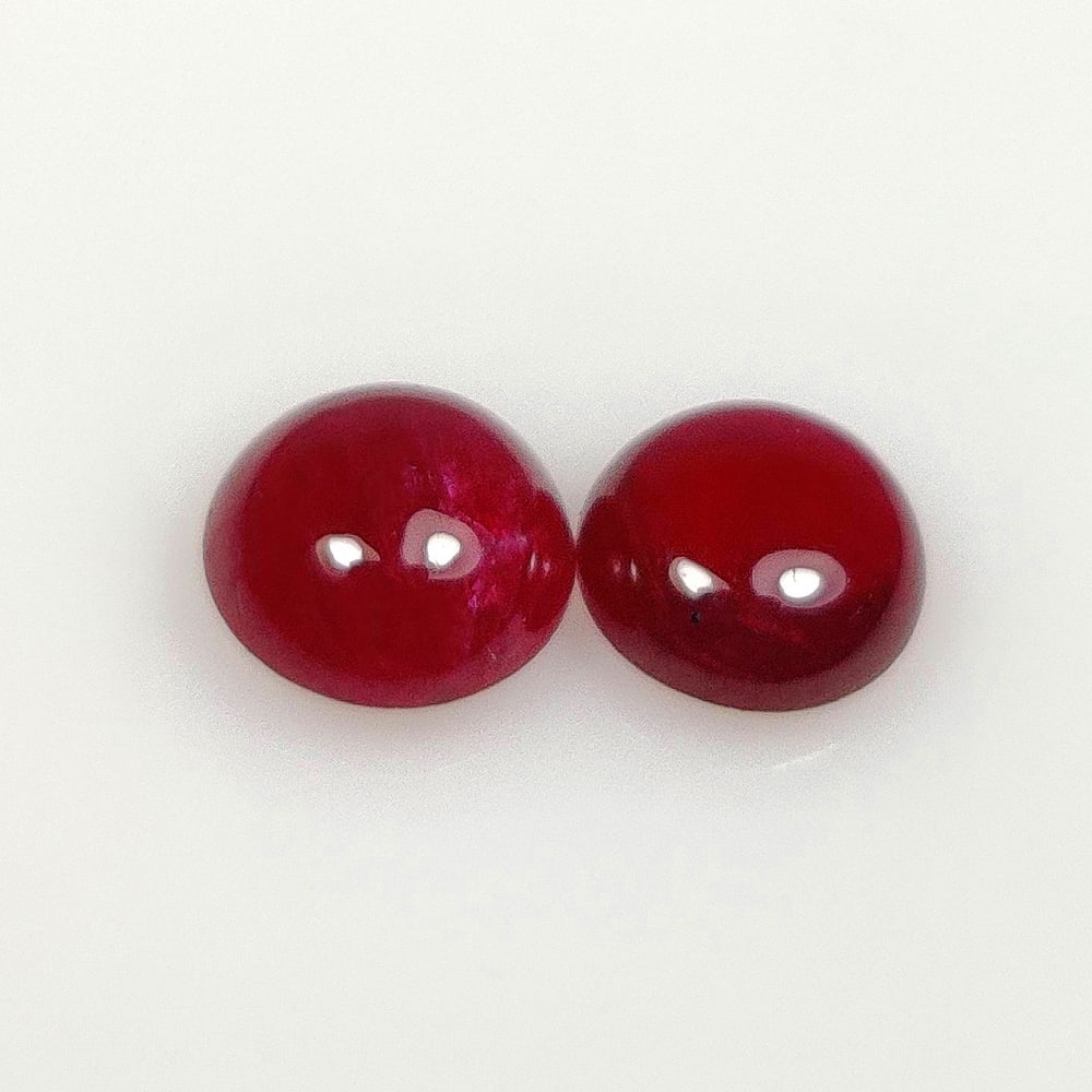 2.51 Ct Natural Red Ruby Round Cab Pair: Weight - 2.51 Ct / Size - 6.50 x 6.50 x 3.30 mm / 2 Pc's / Shape - Round Cab / Color - Blood Red / Clarity - SI / Origin - Mozambique / Treatment - Color Enhanced by Glass Filling