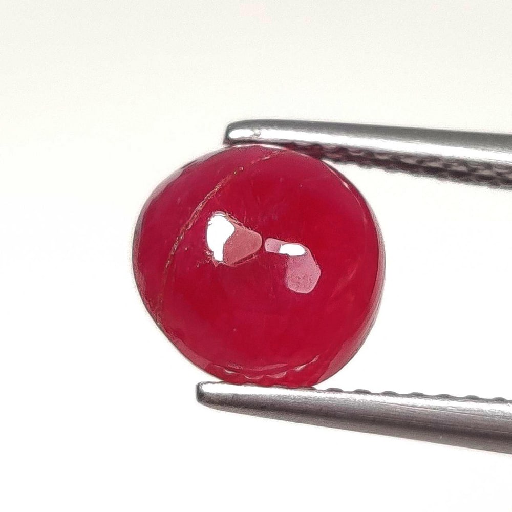 3.61 Ct Natural Red Ruby Round Cab: Weight - 3.61 Ct / Dimensions - 8.50 x 8.30 x 5.00 mm / Shape - Round Cab / Color - Red / Clarity - SI / Origin - Mozambique / Treatment - Color Enhanced by Glass Filling