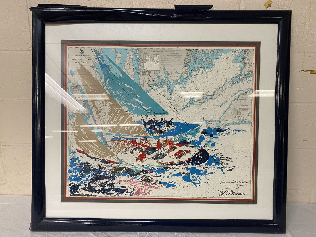 Leroy Neiman America: Leroy Neiman America's Cup 19th Challenge Newport Print 1964. Matted & Framed but frame needs repair or replacement. It measures 38 inches by 38 inches to 1 inch.