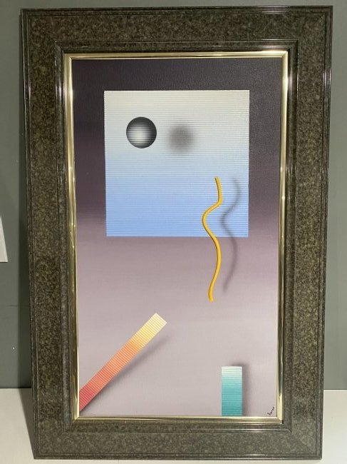 Abstract Painting Acrylic on Canvas Signed by W. Anton: Circa 1980 abstract painting signed by W. Anton. Title and signature on the back and also, signed on the front lower right. Overall framed measurements are 23 inches wide by 36 inches tall by 2 deep. 