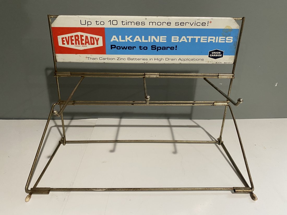 Vintage Eveready Alkaline Battery Store Display: Vintage Eveready Alkaline Battery store display, counter display. Made in the USA. It measures 13.5 inches by 6.5 inches by 10 inches.