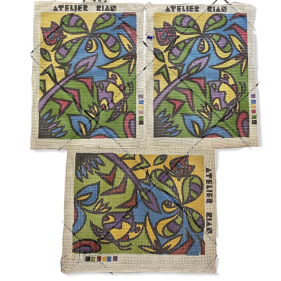 Lot of 3 Mod MCM New Old Stock Needlepoint Canvases: Lot of 3 mod style mid, mid century modern new old stock needlepoint canvases. Made by Atelier Rian.